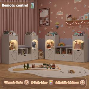 Étagère à livres pour enfants, coin lecture, rangement pour jouets, étagère de rangement avec coussin de siège, lumières LED et tiroirs mobiles pour salle de jeux - Product Image 6