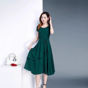 Summer Mid Length A Line <b>Dress</b> O Neck <b>Elastic</b> Waist Loose Casual Daily Wear Women's <b>Dress</b> - Product Image 3