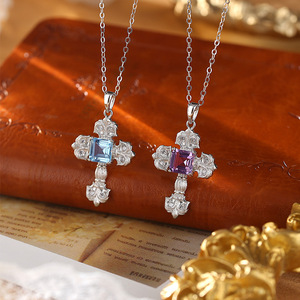 Collier pendentif croix hip-hop vintage 6 mm en grenat carré, pierre naturelle, argent sterling 925, bijoux anti-ternissement pour femme - Product Image 5