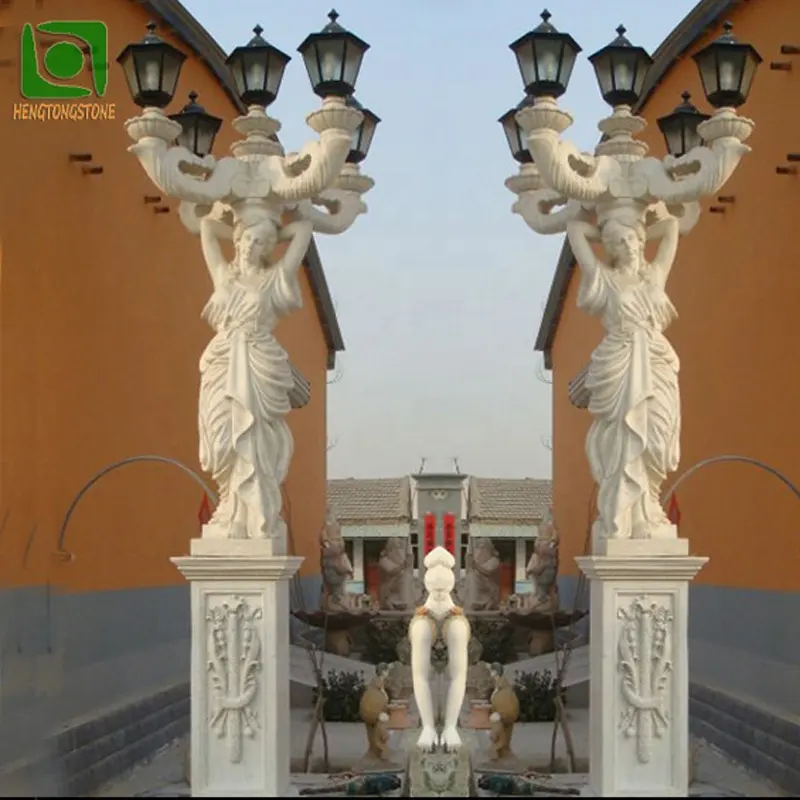 Outdoor Garden Decorative Hand Carved White Marble Stone Statue Lamp Post