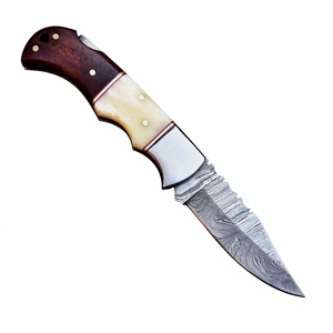 Couteau de poche pliant artisanal en acier Damas de qualité industrielle, manche en bois, étui en cuir, OEM/ODM, garantie 3 ans (pour le camping) - Product Image 1