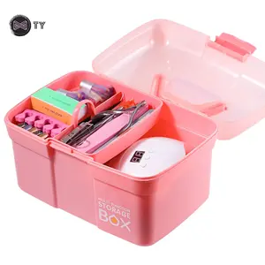 多功能塑料收纳盒大容量手持紫外线灯便携式粉色双层美甲配件工具箱