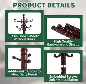 <span class=keywords><strong>Porte</strong></span>-manteau à 14 crochets en <span class=keywords><strong>bois</strong></span> de bouleau naturel massif Support de manteau autoportant classique Base triangulaire robuste pour l'entrée de la salle de bain - Product Image 3