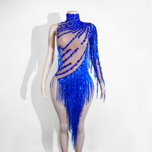 Combinaison sexy bleu royal à franges de paillettes, une manche asymétrique, pour danse de salon, pole dance, burlesque, <span class=keywords><strong>costume</strong></span> de drag queen professionnel - Product Image 1