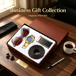 Ensemble cadeau pour <span class=keywords><strong>homme</strong></span> de haute qualité, 3 pièces, montre argentée, ceinture noire, lunettes de soleil aviateur, ensemble de montres de mode pour <span class=keywords><strong>homme</strong></span>, boîte cadeau - Product Image 1
