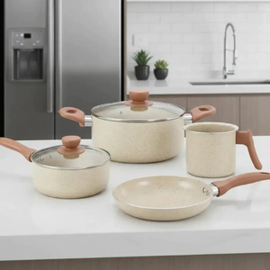 High Quality Ceramic Marble Coated Pot <b>Pan</b> Glass Lids Wooden Soft touch Handles Non Stick 6 Piece Aluminium Cookware Set - Product Image 6