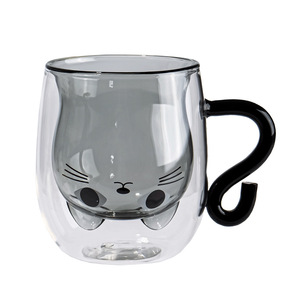 Mug en <span class=keywords><strong>verre</strong></span> borosilicate à double paroi avec poignée en forme <span class=keywords><strong>de</strong></span> <span class=keywords><strong>queue</strong></span> <span class=keywords><strong>de</strong></span> chat, résistant à la chaleur, isolé, pour café, thé, lait, pour la maison ou le bureau - Product Image 6