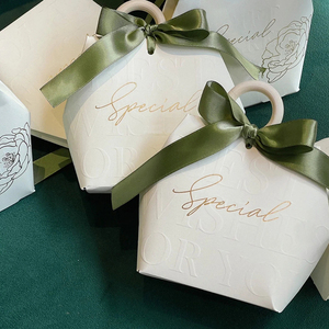 Scatola Portaconfetti per Matrimonio con Anelli in <span class=keywords><strong>Legno</strong></span> e Nastri, Scatola Pieghevole con Stampa Lettering, Borsa Regalo Portatile per Confetti - Product Image 5