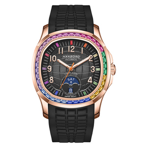 HANBORO Luxury Rainbow Bezel Automatic <strong>Watch</strong> Unisex Rose Gold 3D Dial Moon Phase Sapphire Crystal Sport High Quality Miyota - Product Image 3