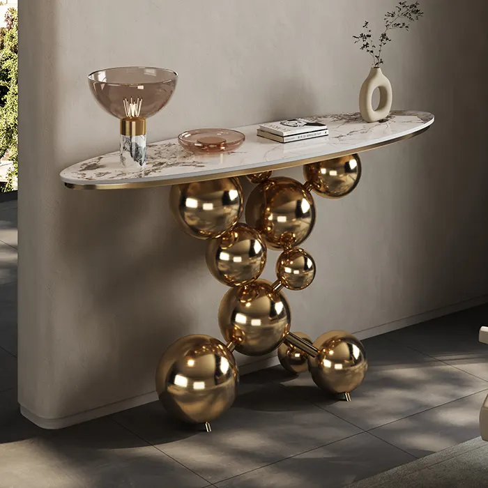 hot selling cheap modern high quality living room entryway art ellipse sintered stone top gold metal led console table