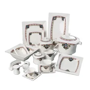 Customized China Square Dinner Set Ceramic Porcelain High Temperature Luxury Silver Plates Sets Dinnerware 61 Pcs Dinnerware+sets