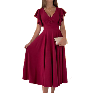 Vestido Maxi de Verano Elegante de Chifón con Cuello en V para Mujer, Estampado con Volantes Delanteros, Tejido, Cintura Ultra Alta, Transpirable, Corte A, Venta al por Mayor, Novedad - Product Image 1