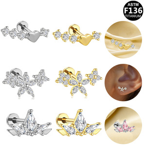 Titanium Piercing Jewelry Heart Shape Zircon <b>Studs</b> For Lip Ear <b>Cartilage</b> Body Jewelry ASTM F136 Titanium Plated - Product Image 2