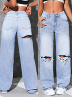 Jean Boyfriend Simple et Tendance pour Femme, Taille Basse, Coupe Droite, en Denim Décontracté, avec Trous aux Genoux Élégants, Tissé Printemps