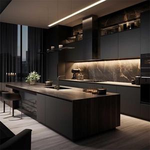 Armoire de cuisine de style luxueux, finition noire mate, îlot de cuisine <span class=keywords><strong>noir</strong></span> en pierre de roche - Product Image 4