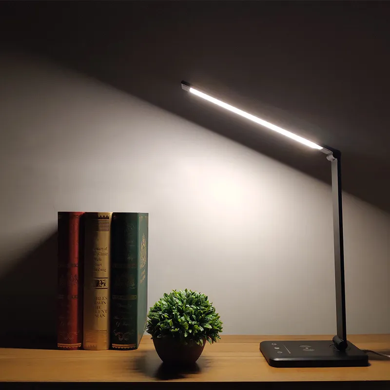 Lámpara de escritorio con protección ocular para estudiantes, luz LED de escritorio con carga inalámbrica, aleación de aluminio, plegable, táctil, atenuación de 5 velocidades