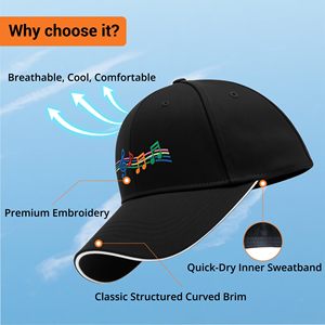 Casquette de baseball structurée noire avec broderie colorée de <span class=keywords><strong>notes</strong></span> de musique, respirante, réglable, avec bandeau anti-transpiration à séchage rapide - Product Image 2