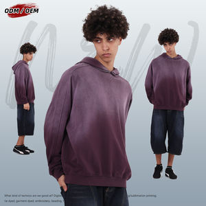 Sweat à capuche vintage streetwear 370GSM 100% coton, coupe ample sans cordon, manches tombantes, patchwork, effet délavé, pour homme - Product Image 3