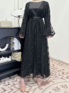 2025 conjunto de dos piezas modesto de alta calidad hermoso brillante Dubai Turquía abierto Abaya accesorios de ropa musulmana tradicional - Product Image 4