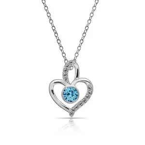 Pingente romântico em forma de coração, colar com pingente de corte redondo, topaz azul 925, prata de lei