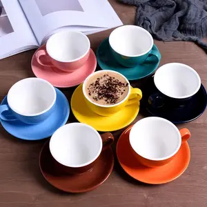 Custom logo Cappuccino espresso 350ml 220ml 80ml Bright matte colorful ceramic coffee cup and saucers set