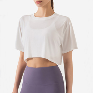 T-shirt de yoga court coupe ample 180 GSM 70 % viscose 30 % polyester pour femme, idéal pour la course et le fitness, chemisier décontracté d'entraînement - Product Image 2