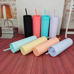 Vasos Watersy <span class=keywords><strong>2023</strong></span>, nuevos, delgados, rectos, de doble pared, de plástico mate, color pastel, acrílico, de 16 oz, con tapas y pajitas. - Product Image 3
