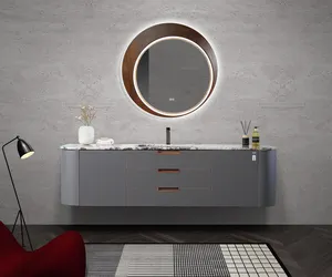 Meuble sous-vasque mural de haute qualité de 94.5 pouces courbe de salle de bain avec lavabo en marbre et miroir intelligent