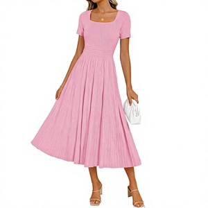 Pink Solid Knitted A-Line Midi Dress with <b>Square</b> Neck Short Sleeve High Waist Slim Fit Pleated Hem Casual Spring Dress - Product Image 3