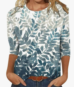 Women's Seven Sleeve Summer Ethnic Floral Cute T-shirt Loose Fit Round Neck Printed T Shirts - Product Image 6