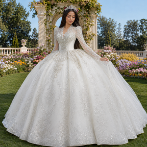Lscm93 Luxury Ball Gown <b>Wedding</b> Dress Deep V Illusion Neck Crystal Beaded Long Sleeve Bridal Gown Glitter Jancember - Product Image 1