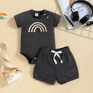 Wholesale Waffle <b>Rainbow</b> Print Short Sleeve <b>Tops</b> and Shorts Baby Clothes Set - Product Image 3