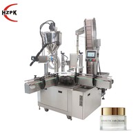 Machine de remplissage et de bouchage automatique HZPK à pompe rotative pour liquides et pâtes, idéale pour sauces, crèmes, cosmétiques, aliments, bouteilles en verre, plastique, bidons et pots.