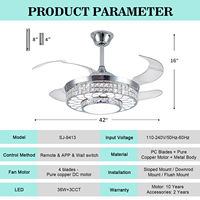 Ventilateur de plafond en acrylique cristal de 42 pouces avec lumière, 6 CCT, moteur DC haute vitesse, application intelligente, télécommande pour salle à manger, bureau, OEM ODM