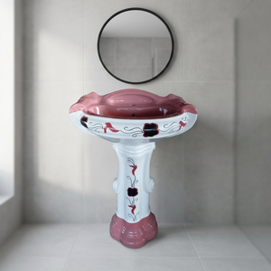 Lavabo ovale moderne en céramique rouge avec piédestal, ensemble mural pour salle de bain, lavabo sur pied complet - Product Image 6