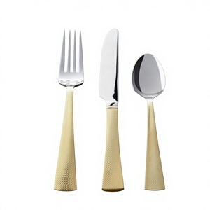 Ensemble de couverts 3 pièces en acier poli miroir avec manches dorées, style américain, haute qualité, pour la table. - Product Image 1