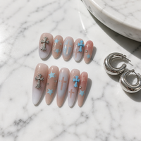 Faux Ongles de Luxe Faits Main à Presser, Dégradé Bleu Éthéré, Breloques Croix Argentées Vintage, Design Étoile 3D, Réutilisables, Vente en Gros