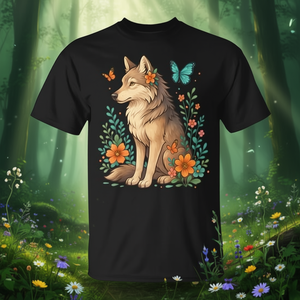 T-shirt loup floral avec papillons, forêt mystique, pour les amoureux de la nature - Product Image 3