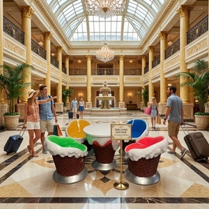 Set Tavolo e Sedie Giganti in Fibra di Vetro Personalizzati per <span class=keywords><strong>Gelateria</strong></span>, Mobili in FRP per Dessert, Decorazioni Paesaggistiche per Atrio di Centri Commerciali - Product Image 6