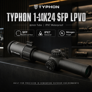Mira Telescópica TYPHON XGS110 1-10x24 SFP LPVO para Caza |   Lentes de Vidrio ED de Dispersión Extra Baja de 30 mm con Múltiples Recubrimientos, Resistentes a Impactos y al Agua - Product Image 1