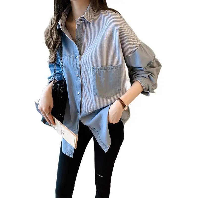 Denim shirt women's design sense niche long sleeve spring clothes2024New loose retro Hong Kong style shirt coat Spring