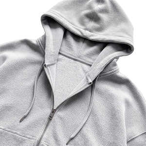 OEM Custom Manufacturer Drop Shoulder Full Zip up Cotton <strong>Cropped</strong> <strong>Boxy</strong> Plain Waffle Knit Hoodie for Men - Product Image 3
