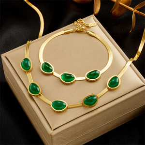 Emerald Snake Chain Jewelry <b>Set</b> Women's Clavicle Necklace <b>Bracelet</b> Bezel Setting Everyday Wear Gold Tone Fine Jewelry - Product Image 1