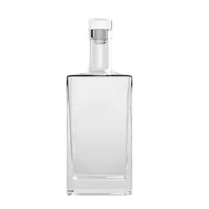 Wholesale 500ml customized design high clear square shape flat shoulder whisky brandy vodka with Cork Stopper Lids Glass Bottles
