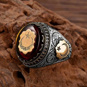 Anelli da Uomo ZhuQian all'Ingrosso con Stella e Luna Islamica, Zirconia Rossa, Argento Anticato, Pavé Nero, Gioielli Classici Ottomani Turchi - Product Image 3
