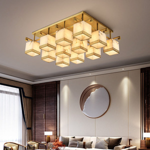 New Chinese Style <b>Ceiling</b> <b>Light</b> All Copper Natural Marble LED Living Room Dining Room Simple Rectangular Fixture - Product Image 2