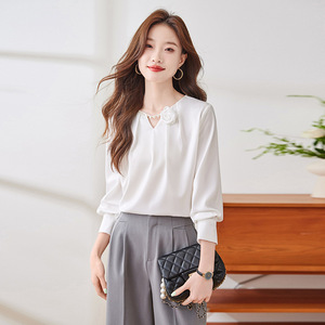 Women's Long Sleeve Shirt Solid Color <b>Satin</b> Round Neck Elegant <b>Blouse</b> For Everyday Wear - Product Image 1