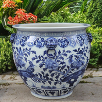 Set Pot bunga keramik Jingdezhen dapat disesuaikan lukisan tangan bunga Phoenix biru putih untuk penggunaan taman luar ruangan besar