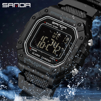 Reloj Deportivo SANDA 2156 para Hombre, Caja Cuadrada, Resistente al Agua 5BAR, Correa de Goma, Repetidor, Esfera Grande, Reloj Digital LED