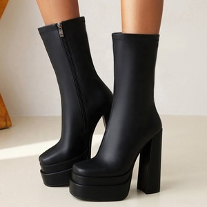 2021 Popular Double Layers Platform Shoes Ankle <b>Boots</b> Stone Print Handmade Women's Short Black Leather Big Size 43 - Product Image 5